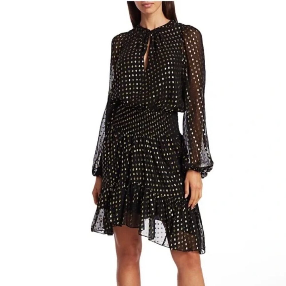 A.L.C. Sidney Metallic Dot Blouson Mini Dress in Black with Gold Dots
